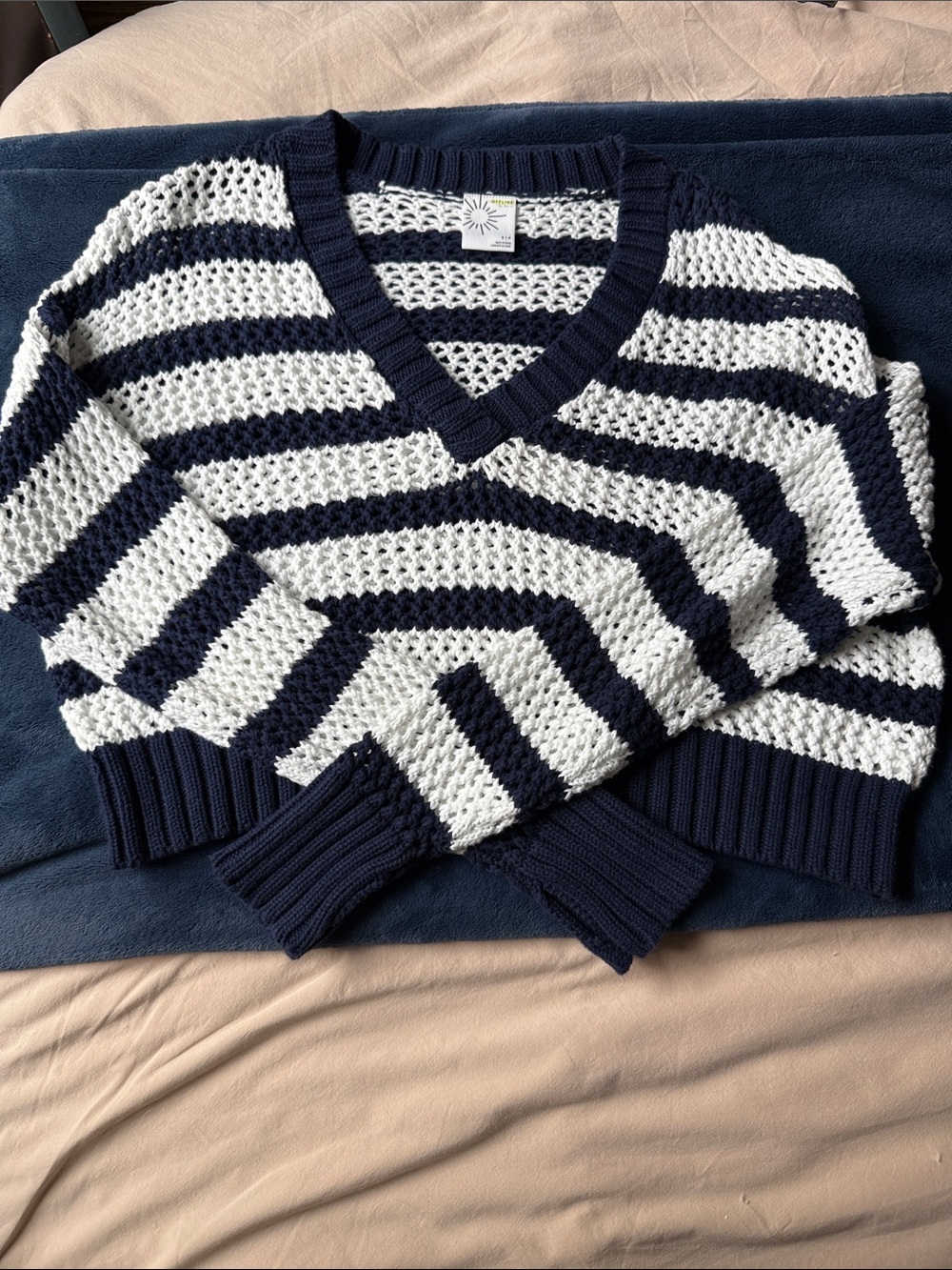 aerie Navy & White Striped V-Neck Sweater